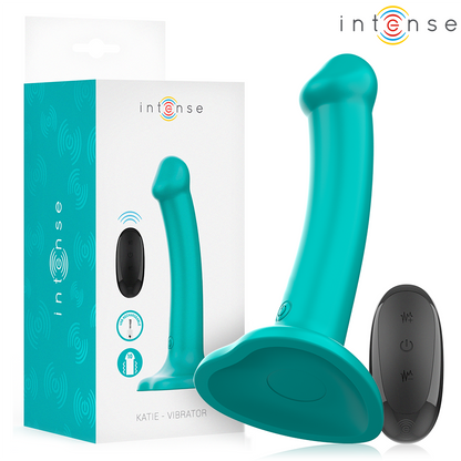 Close-up do INTENSE Vibrador Katie Azul com Controle Remoto e Ventosa, mostrando seu design ergonômico e silicone suave.