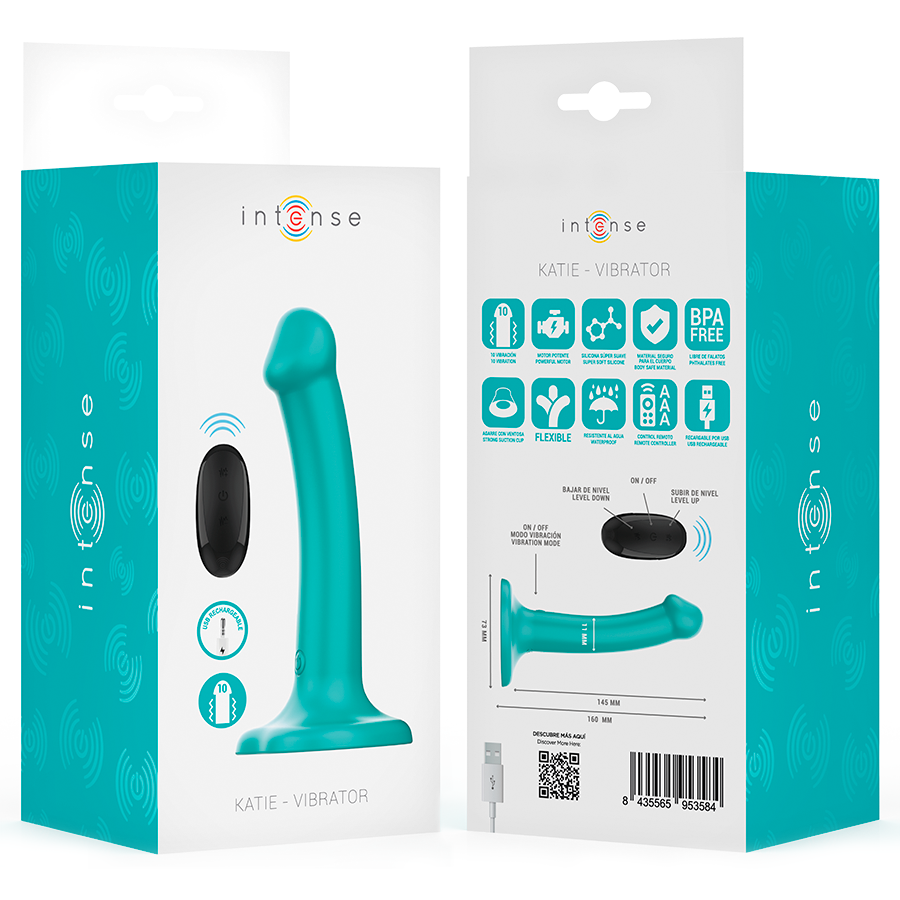 Close-up do INTENSE Vibrador Katie Azul com Controle Remoto e Ventosa, mostrando seu design ergonômico e silicone suave.