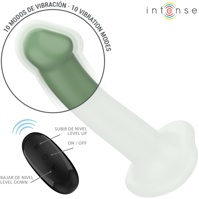 Close-up do Vibrador INTENSE Becca Verde com Ventosa e Controle Remoto, mostrando seu design ergonômico.