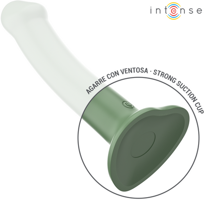 Close-up do Vibrador INTENSE Becca Verde com Ventosa e Controle Remoto, mostrando seu design ergonômico.