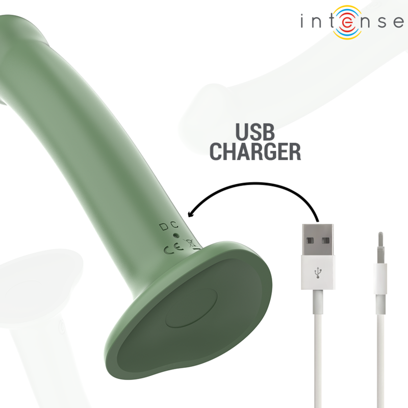 Close-up do Vibrador INTENSE Becca Verde com Ventosa e Controle Remoto, mostrando seu design ergonômico.