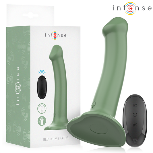 Close-up do Vibrador INTENSE Becca Verde com Ventosa e Controle Remoto, mostrando seu design ergonômico.