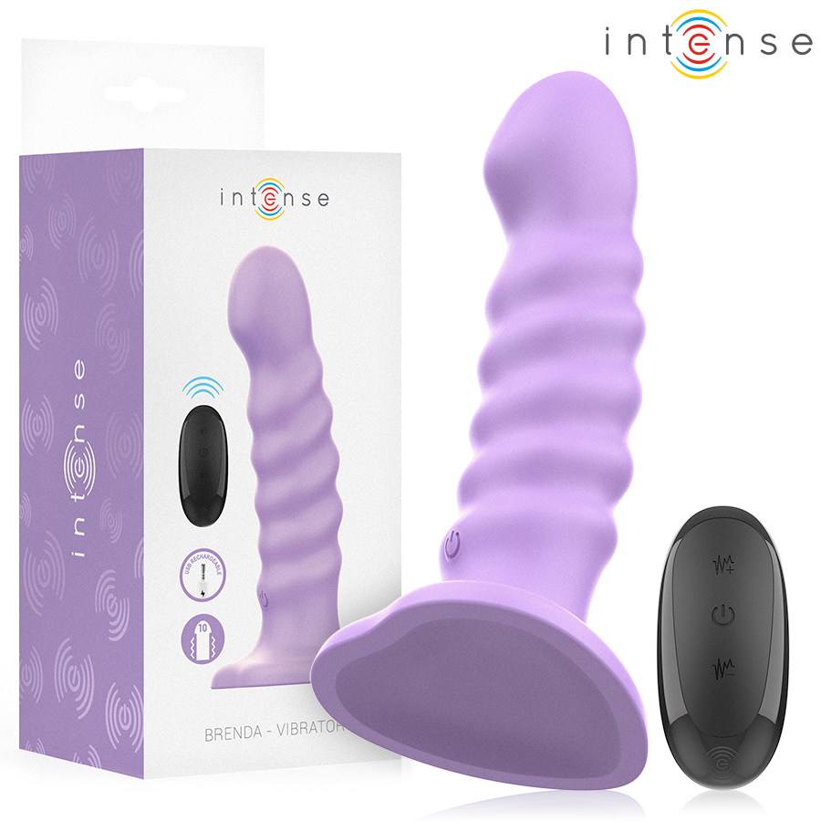 Vibrador INTENSE Brenda roxo com design espiral e controle remoto, corpo de silicone.