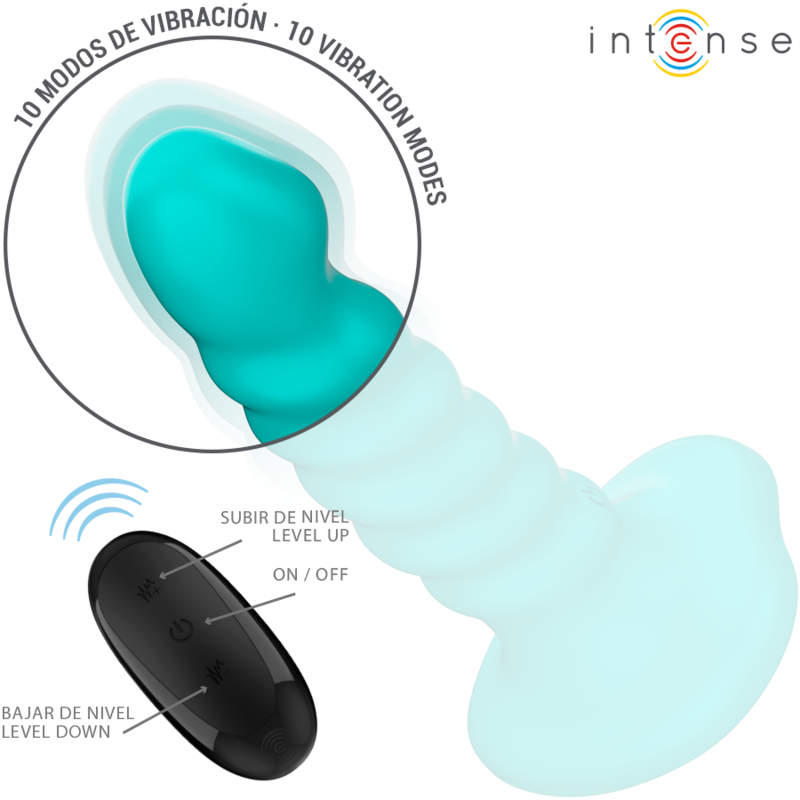 Vibrador INTENSE Buffy azul com design espiral, controle remoto e 10 vibrações