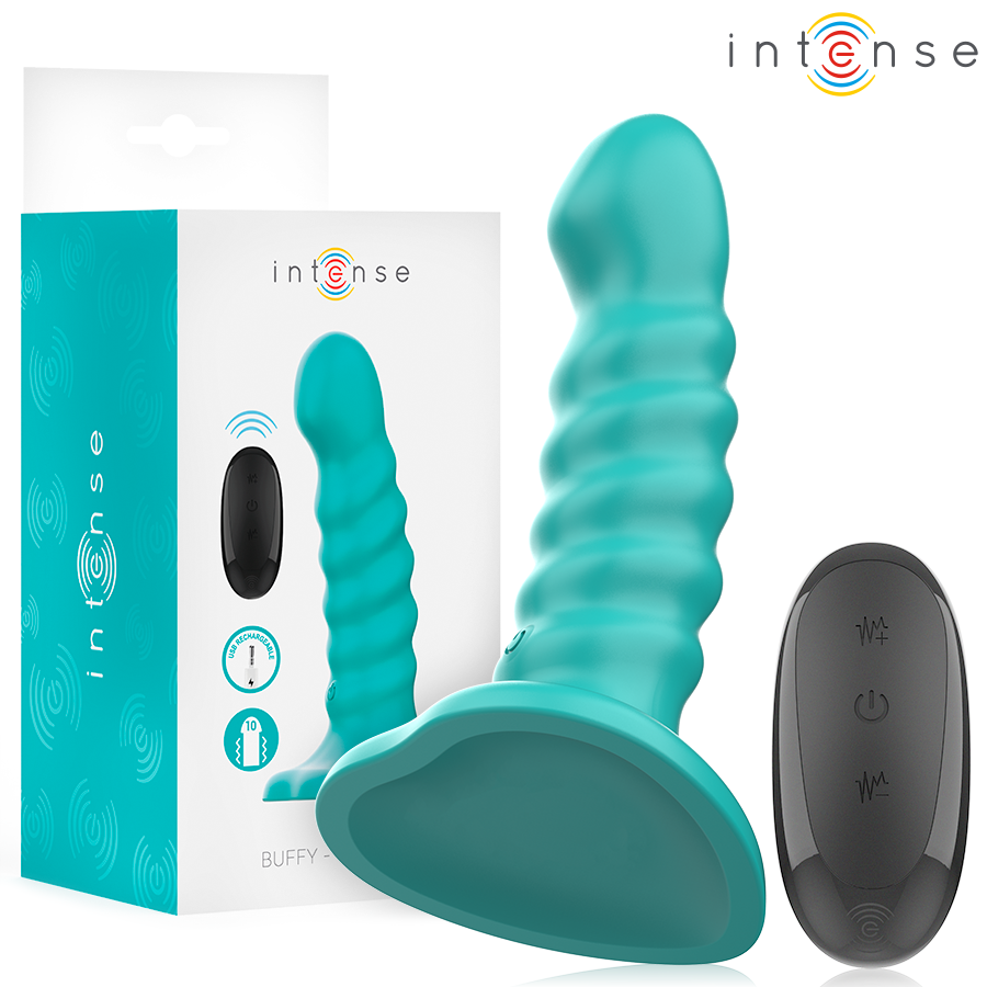 Vibrador INTENSE Buffy azul com design espiral, controle remoto e 10 vibrações