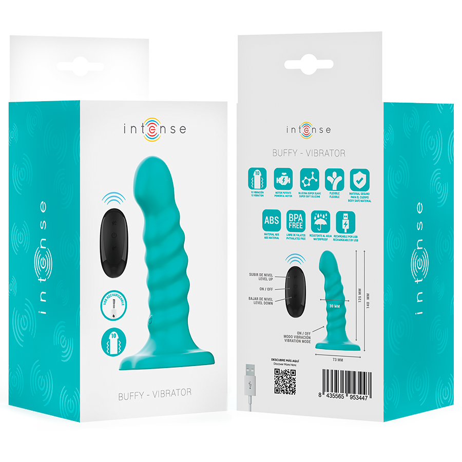 Vibrador INTENSE Buffy azul com design espiral, controle remoto e 10 vibrações