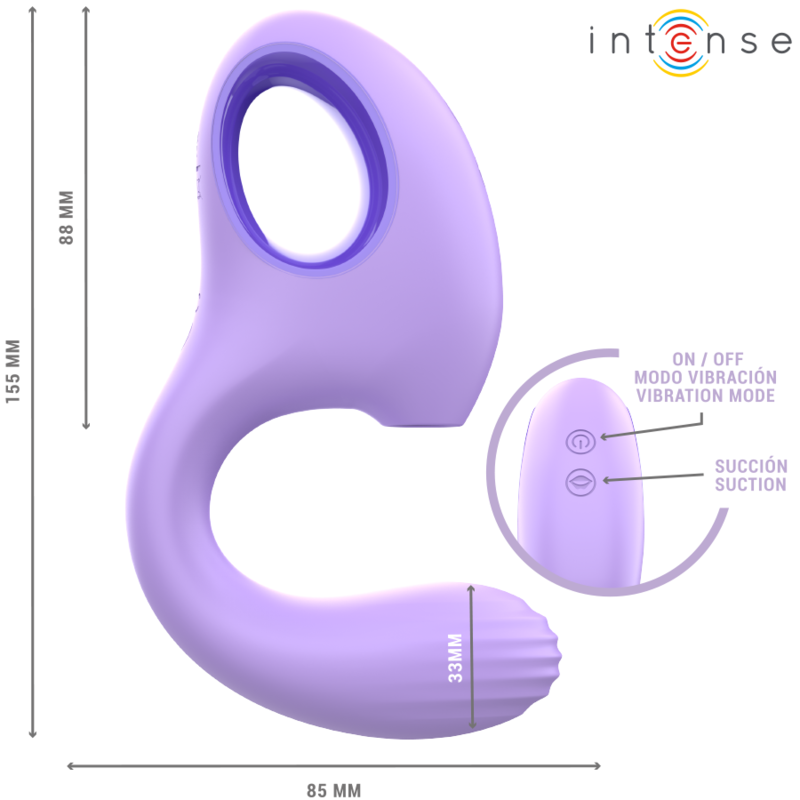 Close-up do Vibrador e Estimulador Intense Baxter Violet, destacando seu design ergonômico, material de silicone e cor violeta vibrante.