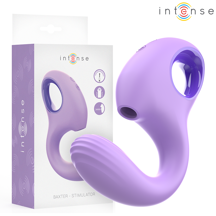 Close-up do Vibrador e Estimulador Intense Baxter Violet, destacando seu design ergonômico, material de silicone e cor violeta vibrante.