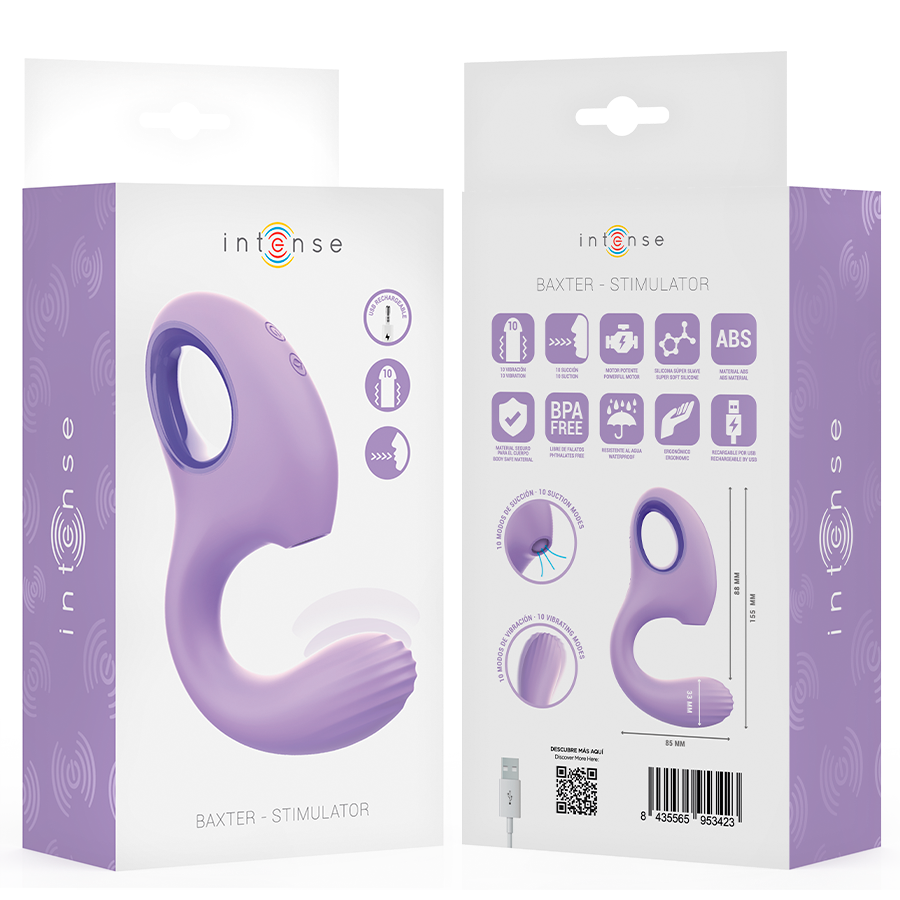 Close-up do Vibrador e Estimulador Intense Baxter Violet, destacando seu design ergonômico, material de silicone e cor violeta vibrante.
