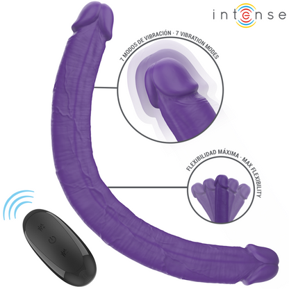 INTENSE Dildo Vibrador Duplo Gunter 40cm Roxo com Controle Remoto para casais, mostrando seu design flexível e textura.