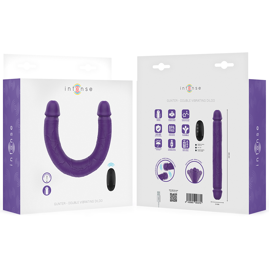 INTENSE Dildo Vibrador Duplo Gunter 40cm Roxo com Controle Remoto para casais, mostrando seu design flexível e textura.