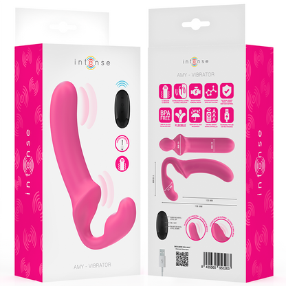 Close-up do Vibrador Duplo INTENSE Amy de 20cm com Controlo Remoto em silicone rosa, destacando a sua textura e design.