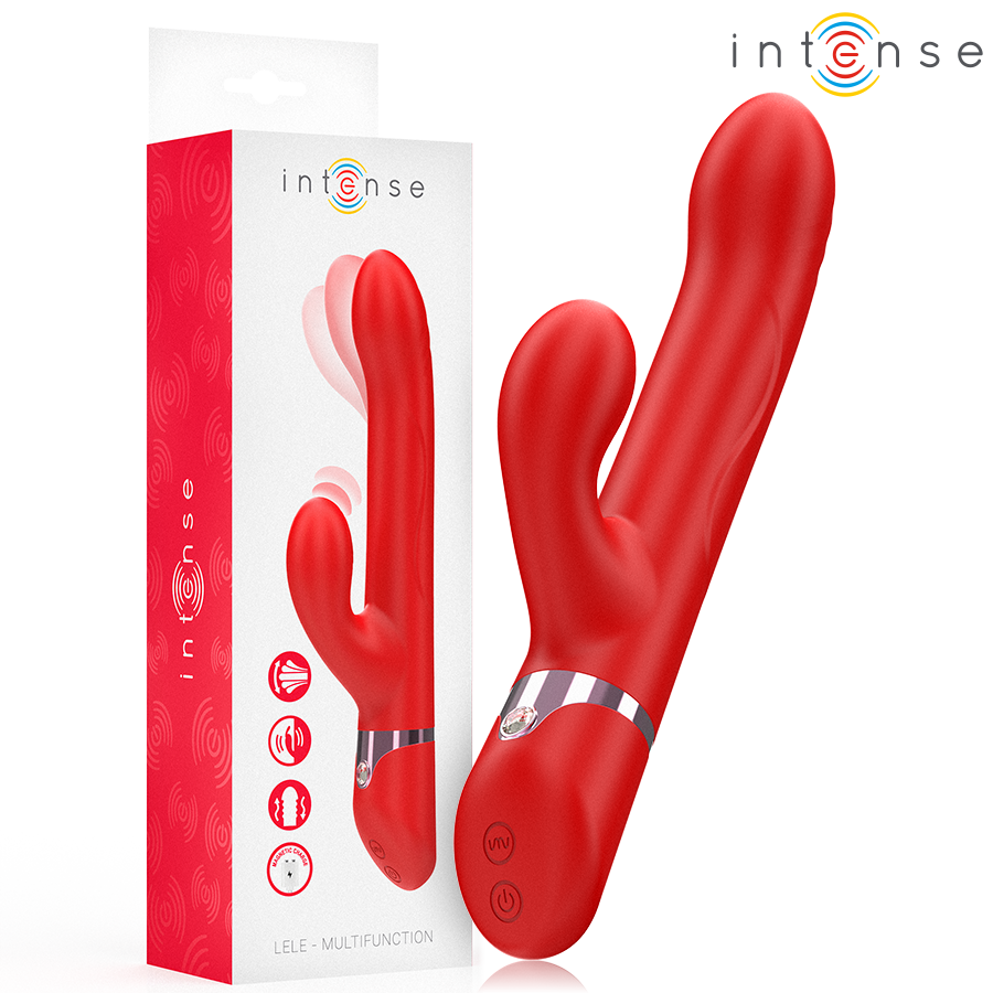 Close-up do vibrador INTENSE LELE multifuncional rotativo e oscilante, na cor vermelha.
