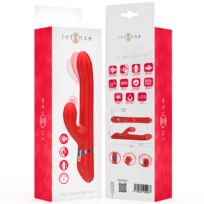 Close-up do vibrador INTENSE LELE multifuncional rotativo e oscilante, na cor vermelha.