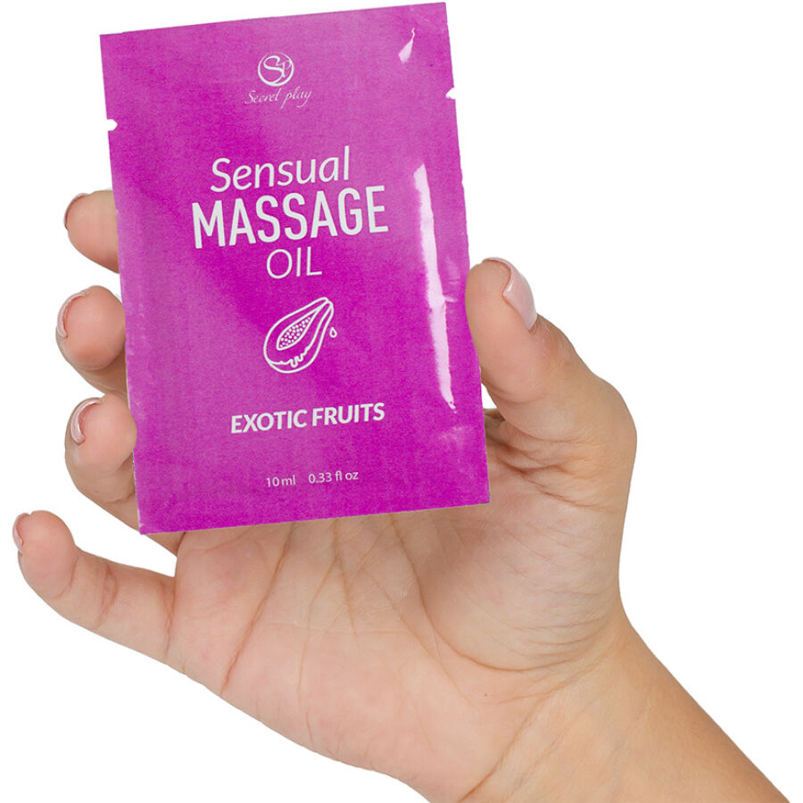 Óleo de Massagem SECRETPLAY Frutas Exóticas Dose Única 10ml em embalagem discreta.