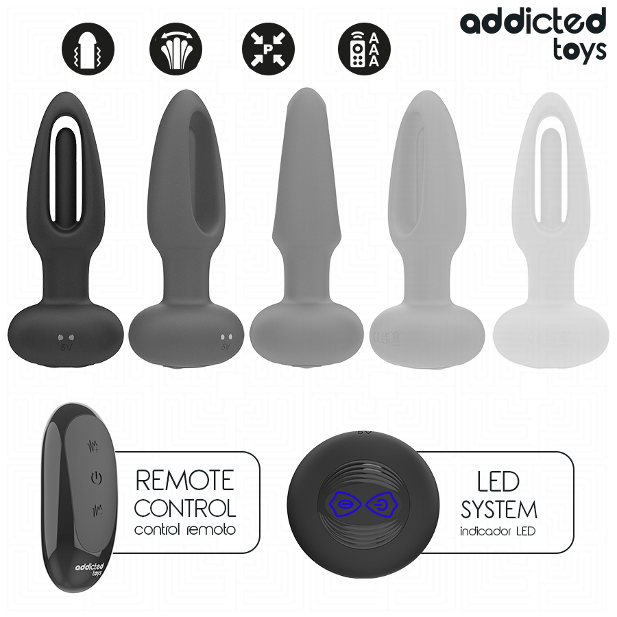 Close-up of the Addicted Toys Plug Anal with Vibrating Tongue and Remote Control, showing its sleek design and features.