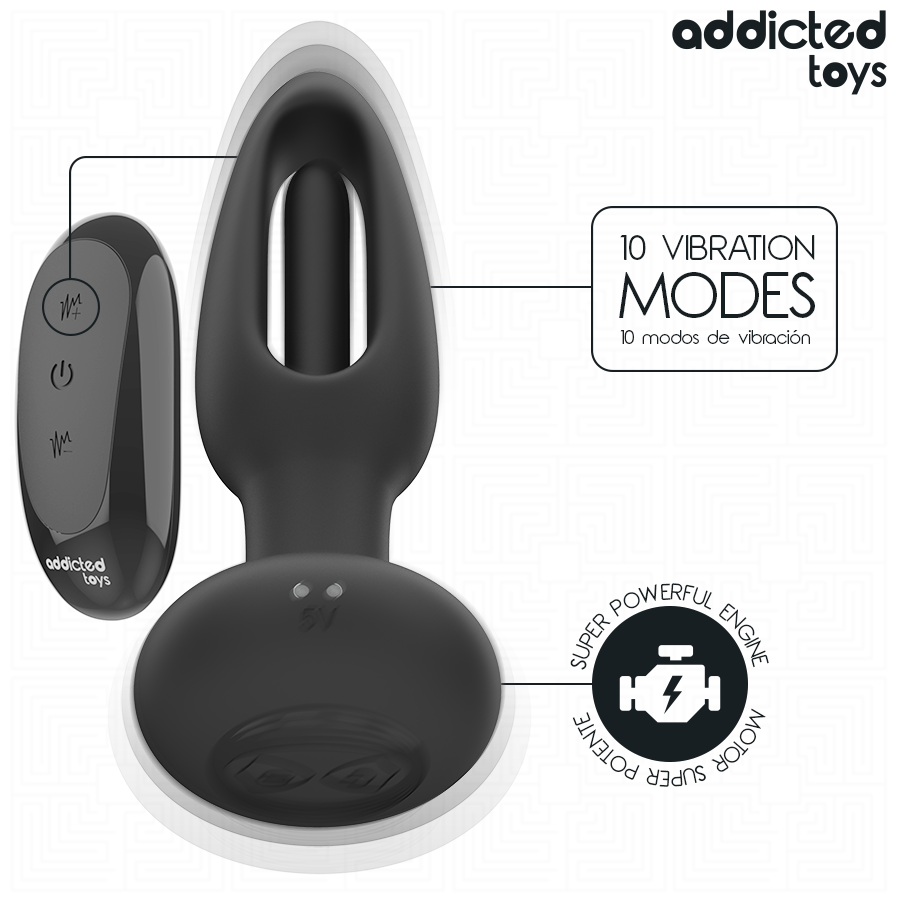 Close-up of the Addicted Toys Plug Anal with Vibrating Tongue and Remote Control, showing its sleek design and features.