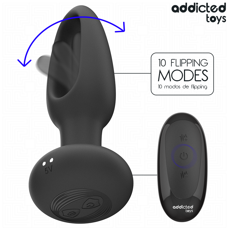Close-up of the Addicted Toys Plug Anal with Vibrating Tongue and Remote Control, showing its sleek design and features.