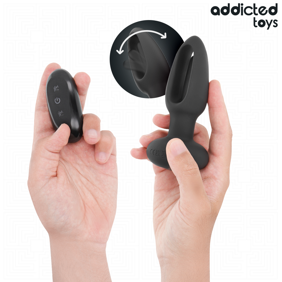 Close-up of the Addicted Toys Plug Anal with Vibrating Tongue and Remote Control, showing its sleek design and features.
