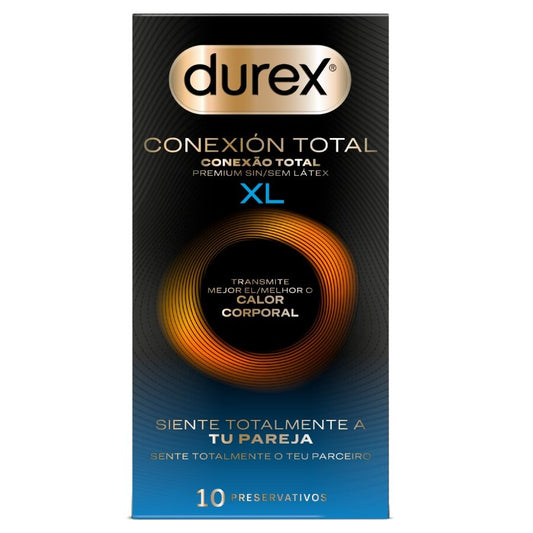 Embalagem dos preservativos DUREX Total Connection XL Ultra Fino Plus Sem Látex 10 Unidades, destacando o design e as características.