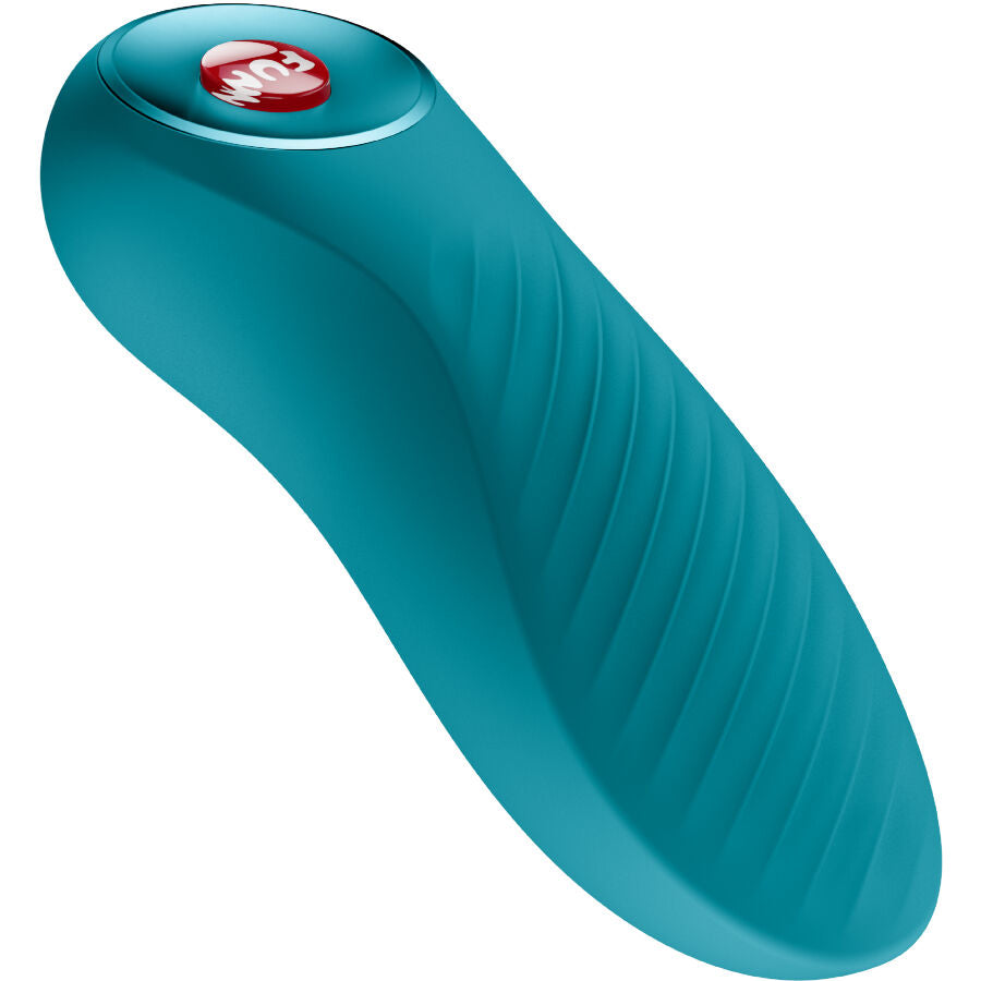 Close-up do FUN FACTORY Bijou Mini Bullet Vibrator Aquamarine, destacando seu design ranhurado e cor vibrante.