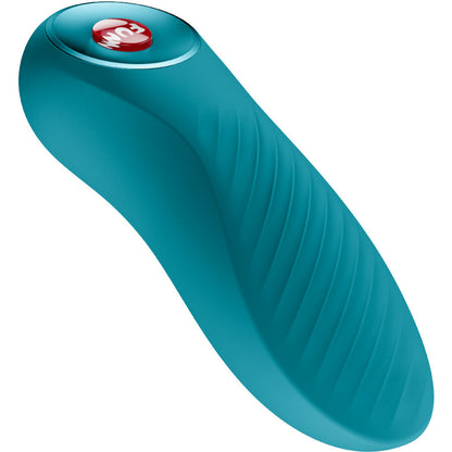 Close-up do FUN FACTORY Bijou Mini Bullet Vibrator Aquamarine, destacando seu design ranhurado e cor vibrante.