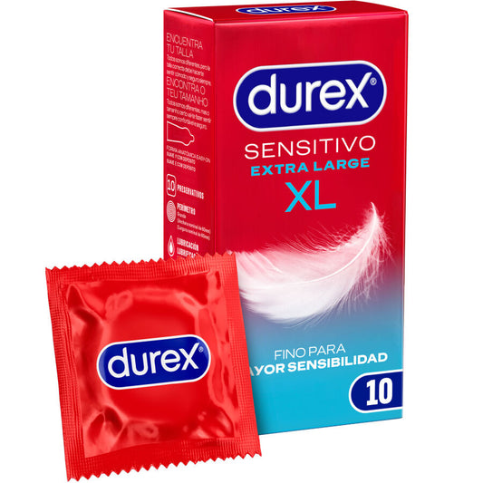 Embalagem de DUREX Preservativos Sensitive XL 10 Unidades, destacando seu design e características.