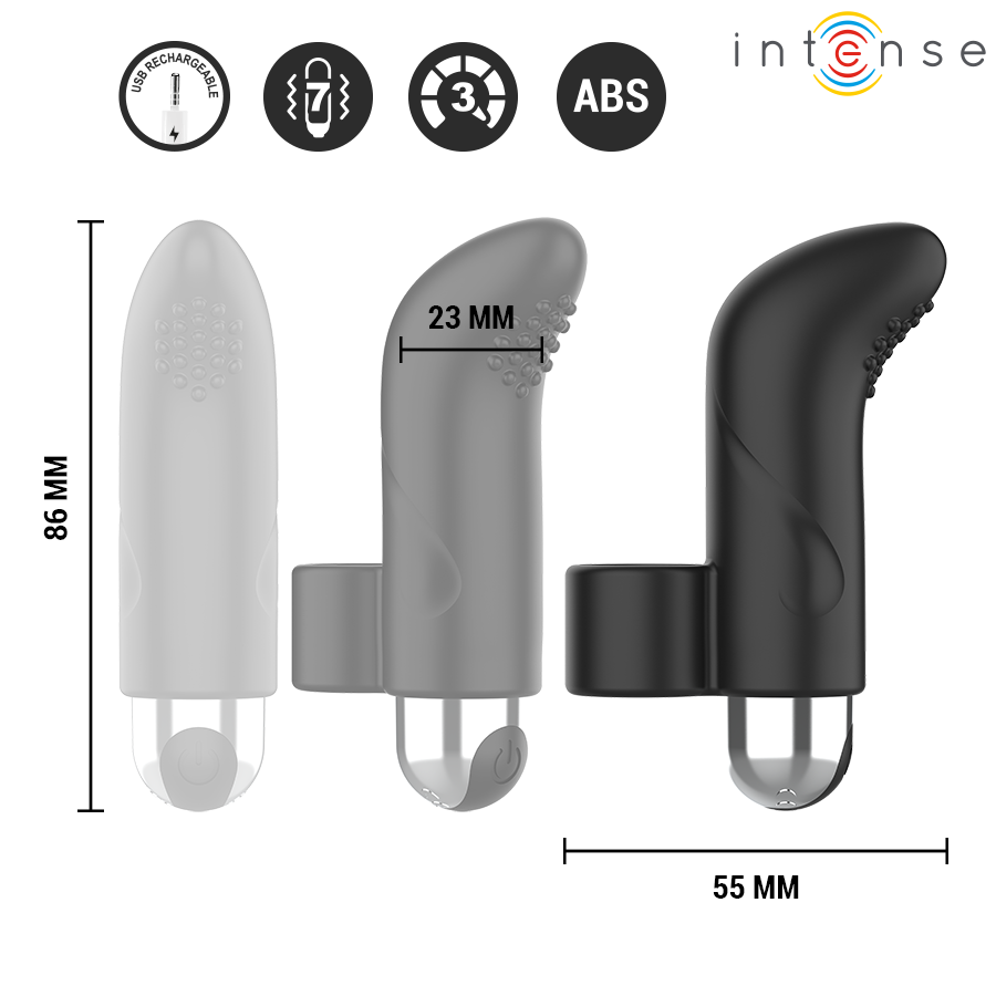 Close-up of the INTENSE Damiano Finger Stimulator showing its ergonomic design and silicone texture.