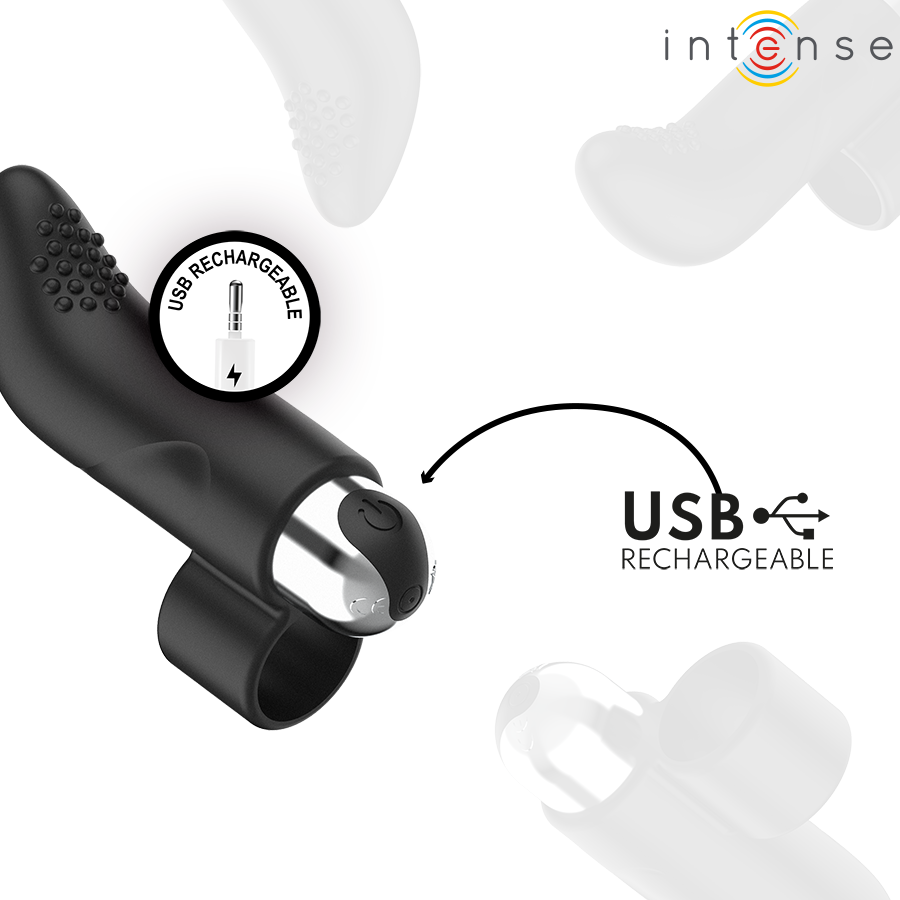 Close-up of the INTENSE Damiano Finger Stimulator showing its ergonomic design and silicone texture.