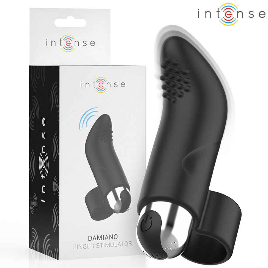 Close-up of the INTENSE Damiano Finger Stimulator showing its ergonomic design and silicone texture.