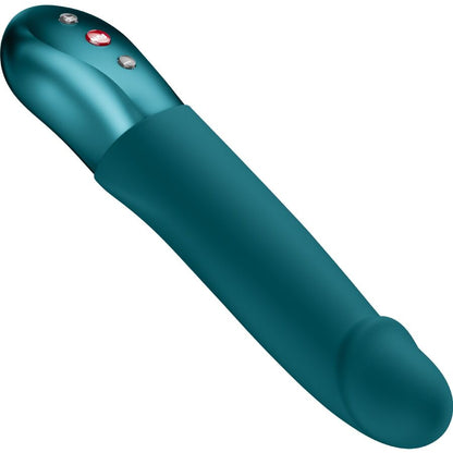 Close-up do Vibrador Pulsador FUN FACTORY STRONIC REAL Verde, mostrando sua forma ergonômica e silicone macio.