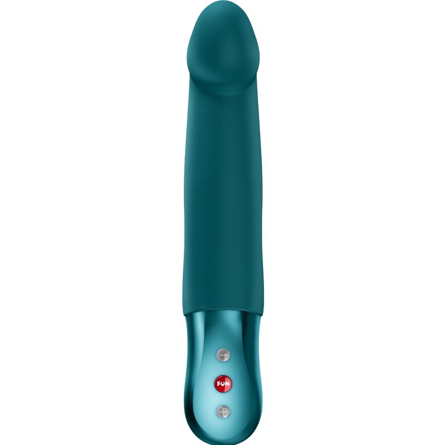 Close-up do Vibrador Pulsador FUN FACTORY STRONIC REAL Verde, mostrando sua forma ergonômica e silicone macio.
