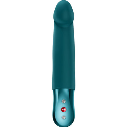 Close-up do Vibrador Pulsador FUN FACTORY STRONIC REAL Verde, mostrando sua forma ergonômica e silicone macio.