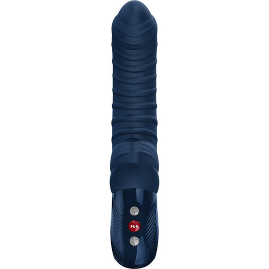 Detalhe do vibrador FUN FACTORY Tiger Ponto G Azul-Noite com sua textura e formato ergonômico.