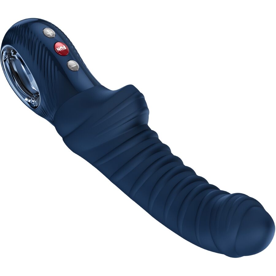 Detalhe do vibrador FUN FACTORY Tiger Ponto G Azul-Noite com sua textura e formato ergonômico.