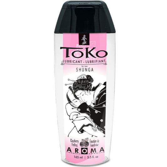 Close-up do SHUNGA Lubrificante Íntimo Comestível Sabor Framboesa Toko Aroma 165ml, destacando a embalagem e a cor do produto.