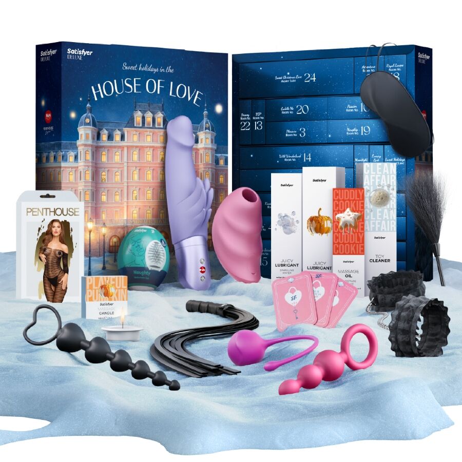 Calendário do Advento Satisfyer Deluxe 2025 com 24 surpresas eróticas e lingerie.