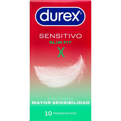 Embalagem de DUREX Preservativos Sensitivo Slim Fit com 10 unidades, destacando o design e as características do produto para maior conforto e sensibilidade.