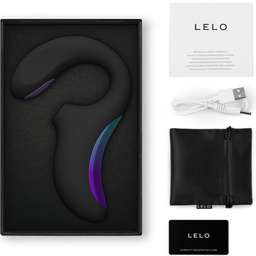 Close-up of the LELO Enigma Duplo Sônico Vibrator Preto, highlighting its ergonomic design and dual stimulation points.