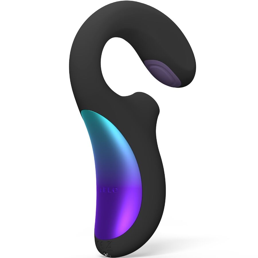 Close-up of the LELO Enigma Duplo Sônico Vibrator Preto, highlighting its ergonomic design and dual stimulation points.