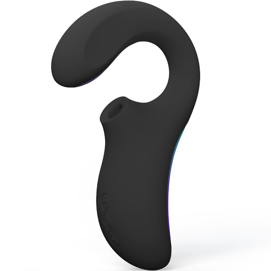 Close-up of the LELO Enigma Duplo Sônico Vibrator Preto, highlighting its ergonomic design and dual stimulation points.
