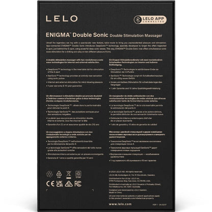 Close-up of the LELO Enigma Duplo Sônico Vibrator Preto, highlighting its ergonomic design and dual stimulation points.