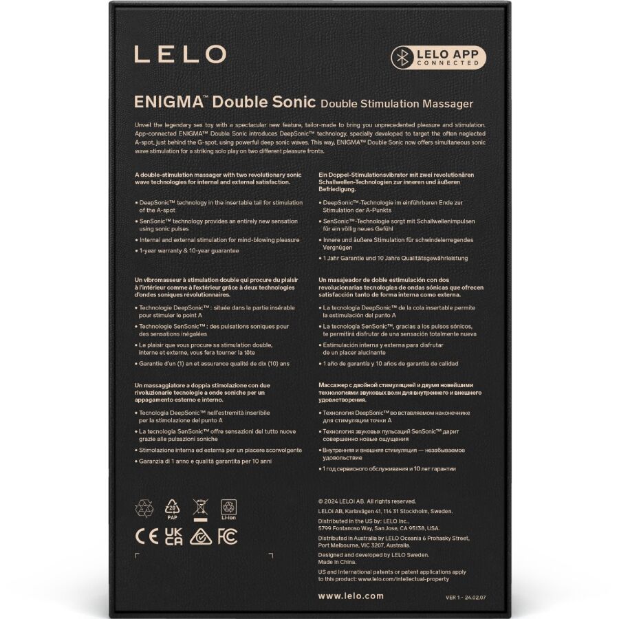 Vista detalhada do vibrador sônico LELO ENIGMA Duplo Ponto G e Clitóris Cyber Roxo, destacando seu design ergonômico e tecnologias de estimulação.