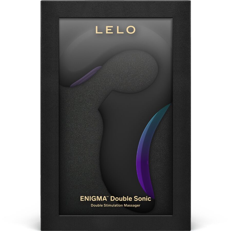 Close-up of the LELO Enigma Duplo Sônico Vibrator Preto, highlighting its ergonomic design and dual stimulation points.