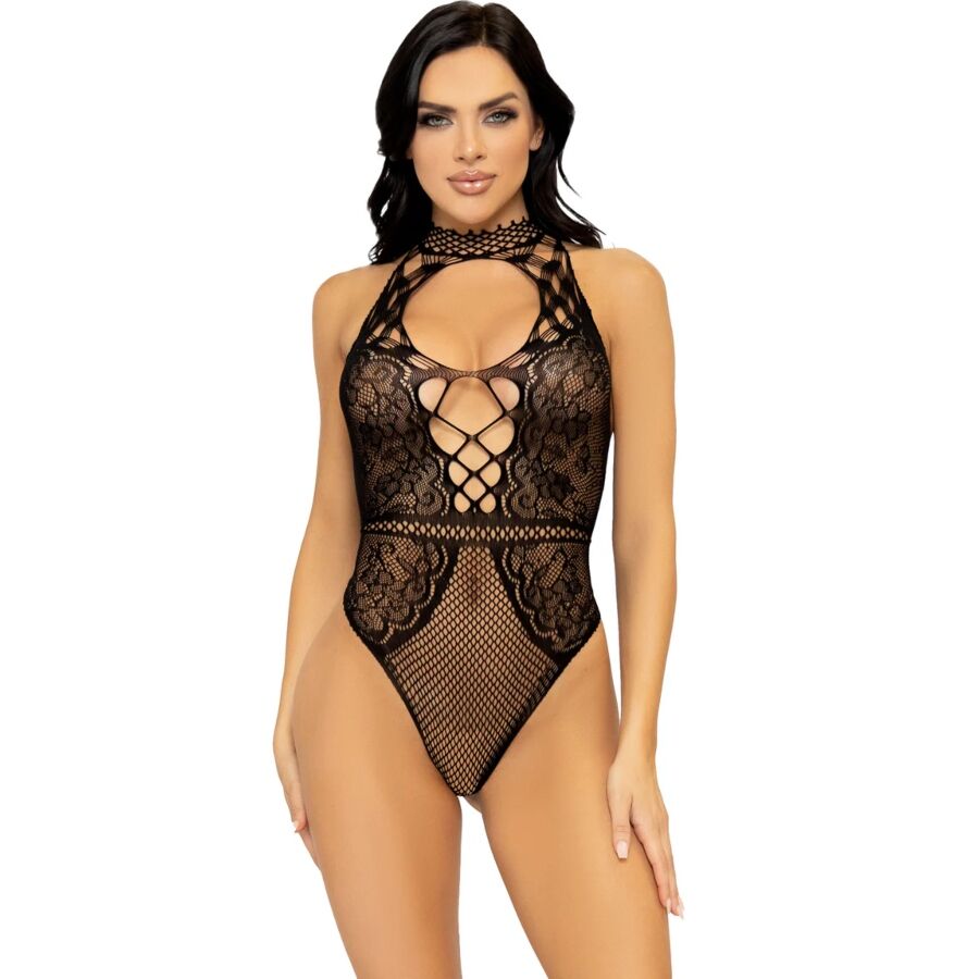 Body Halter LEG AVENUE de rede e renda com decote de fechadura, em um plano detalhado.