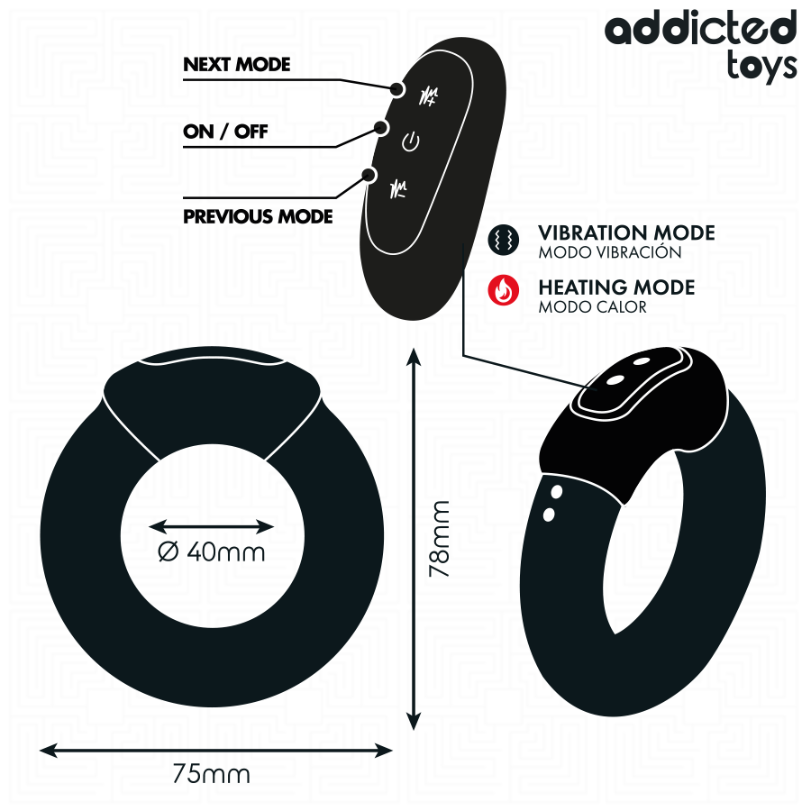 Anel peniano vibrante Addicted Toys com efeito de aquecimento e controle remoto para prazer de casais.