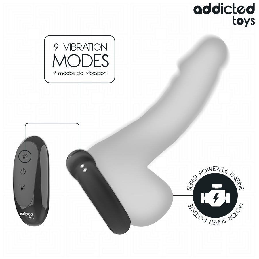 Anel peniano vibrante Addicted Toys com efeito de aquecimento e controle remoto para prazer de casais.