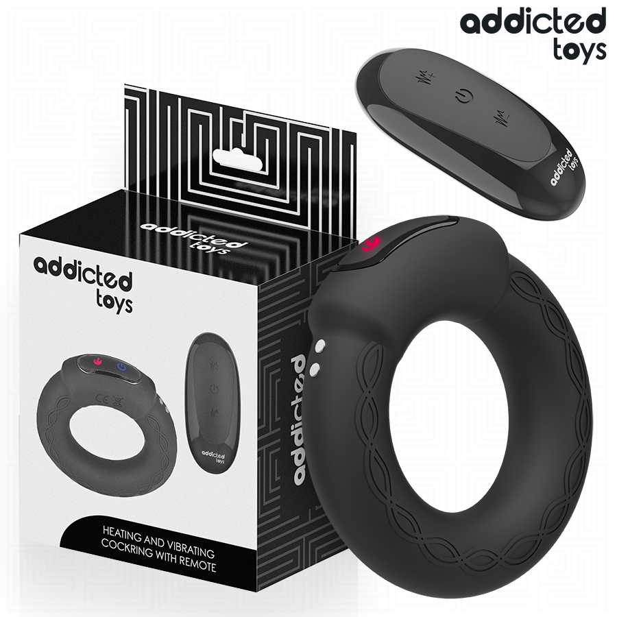 Anel peniano vibrante Addicted Toys com efeito de aquecimento e controle remoto para prazer de casais.