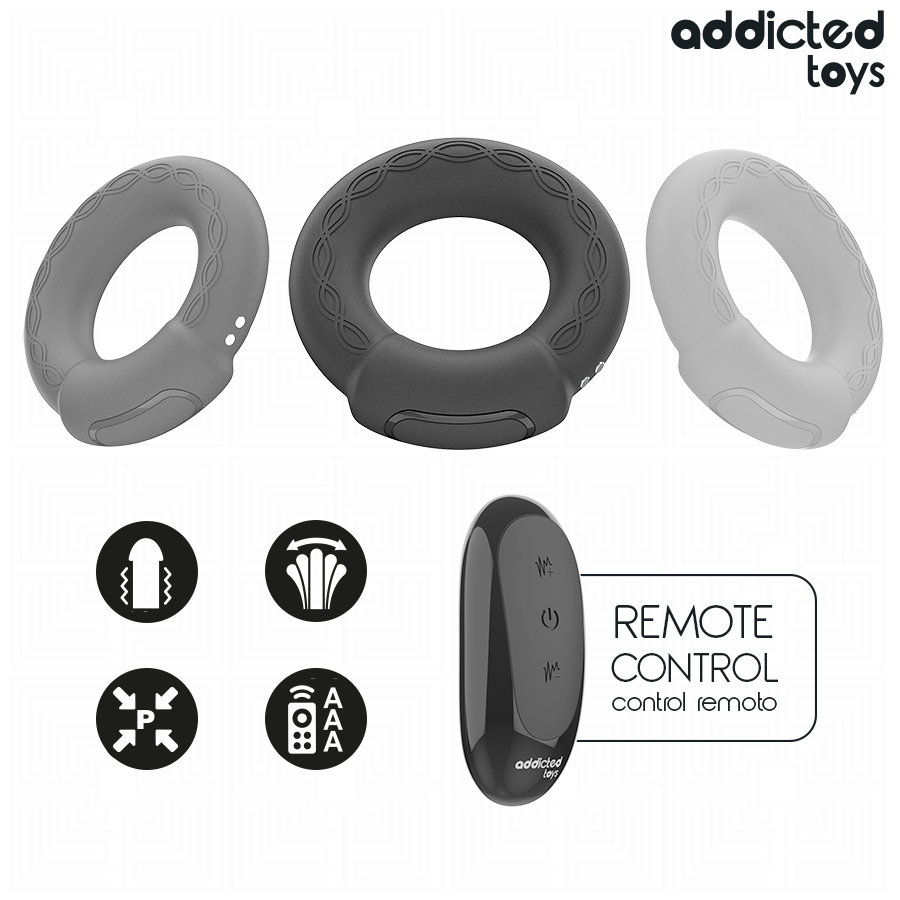 Anel peniano vibrante Addicted Toys com efeito de aquecimento e controle remoto para prazer de casais.