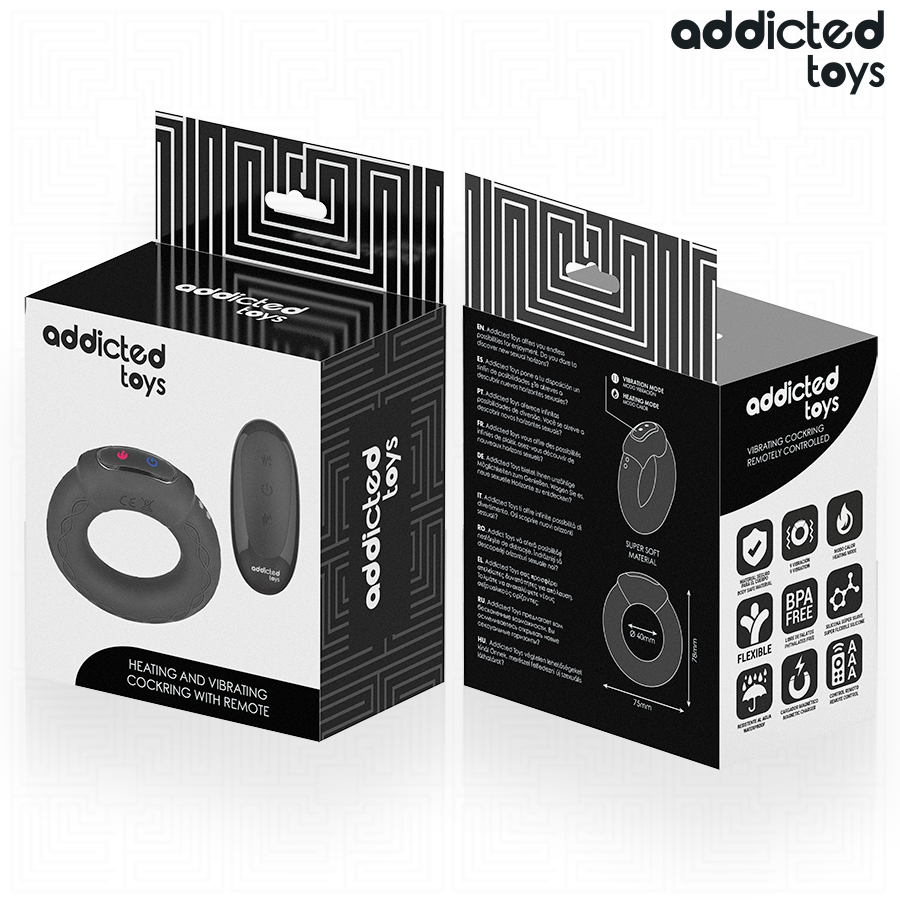 Anel peniano vibrante Addicted Toys com efeito de aquecimento e controle remoto para prazer de casais.
